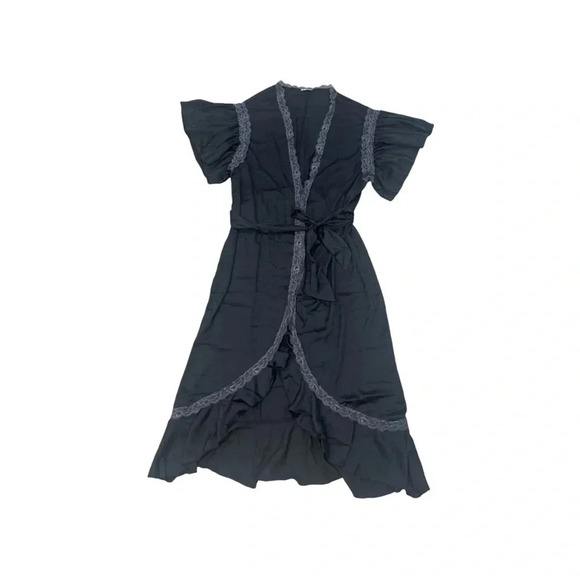 Free People Moonbeams  Lace Trim Satin Robe | Black | Size Small | NWT - Picture 9 of 13